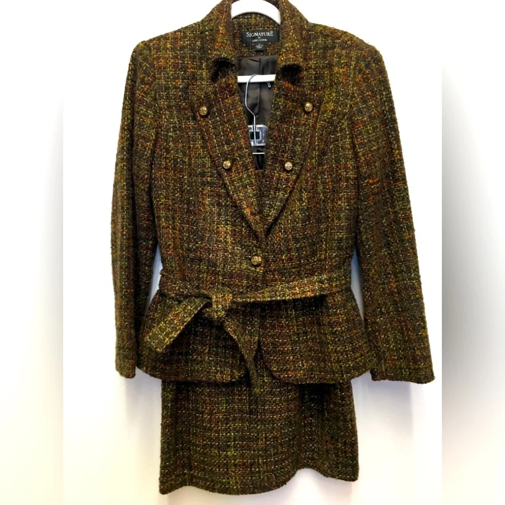 Signature By Larry Levine Tweed Wool Skirt Suit Jacket 12 Brown Office Workwear